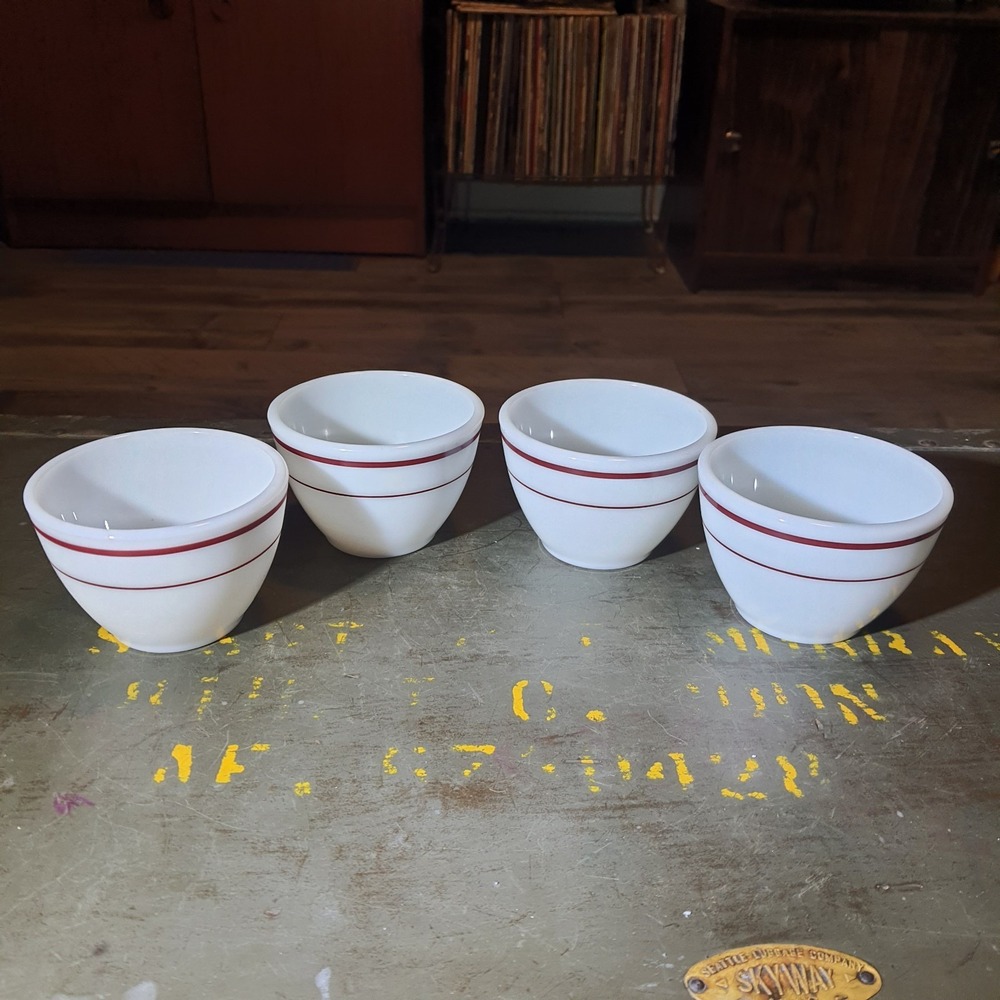 Vintage Pyrex Tableware By Corning USA #714 Red Banded Milk Glass Custard Cups